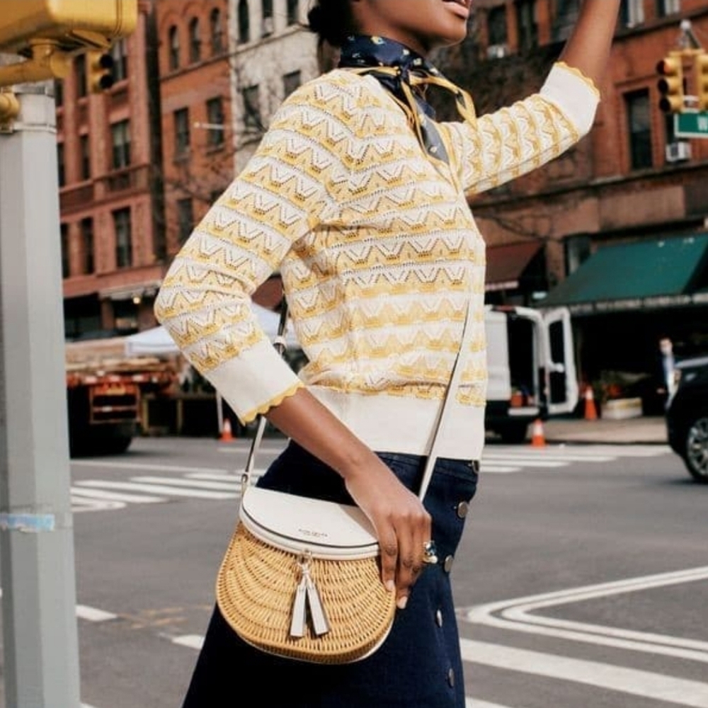 Kate Spade New York Catch Wicker Medium Crossbody in White Leather